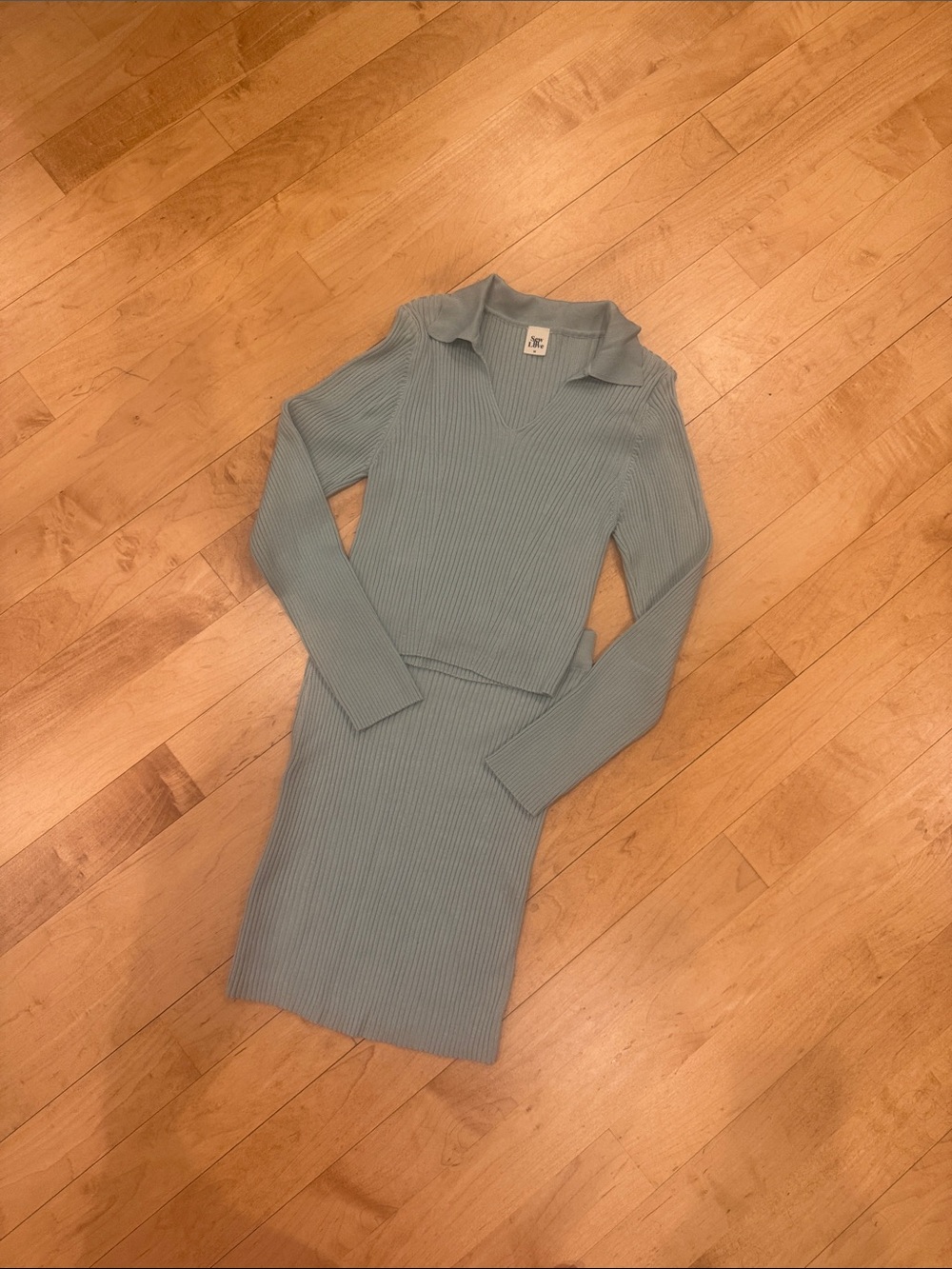 Sew In Love Rib-Knit Collared Skirt Set in Light Blue